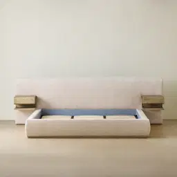 Riviera Powder White Chenille Fabric King Bed with Medium Brown Ash Veneer