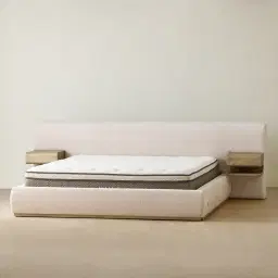 Riviera Powder White Chenille Fabric King Bed with Medium Brown Ash Veneer