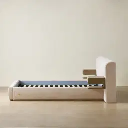 Riviera Powder White Chenille Fabric King Bed with Medium Brown Ash Veneer