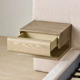 Riviera Powder White Chenille Fabric King Bed with Medium Brown Ash Veneer