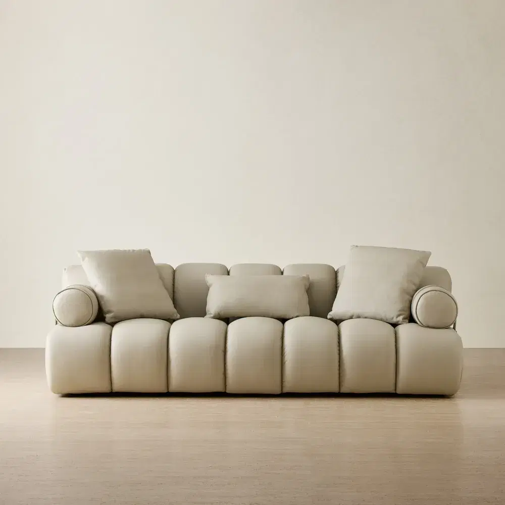 Elva Champagne Beige Leather 3-Seater Sofa