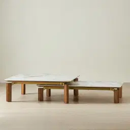 Portobello Toffee Brown Ash Veneer 37cm Square Coffee Table - Pandora Brown Sintered Stone Top