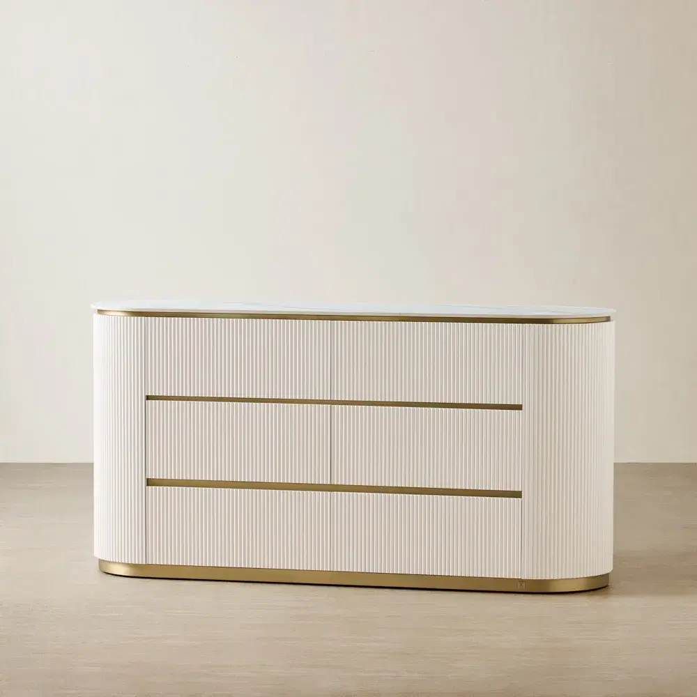 Archie White Wooden 6-Drawer Dresser with White Sintered Stone Top