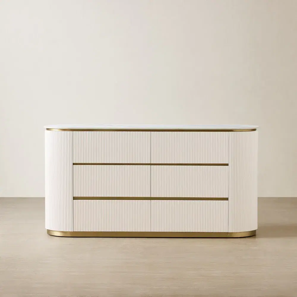 Archie White Wooden 6-Drawer Dresser with White Sintered Stone Top