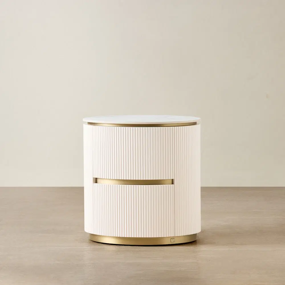Archie White Wooden Oval Bedside Table with White Sintered Stone Top