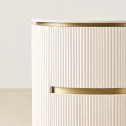 Archie Cream Wooden Oval Bedside Table with White Sintered Stone Top