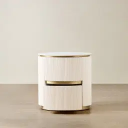 Archie Cream Wooden Oval Bedside Table with White Sintered Stone Top