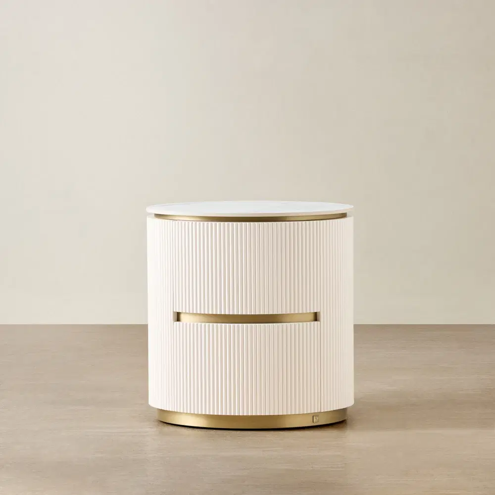 Archie White Wooden Oval Bedside Table with White Sintered Stone Top