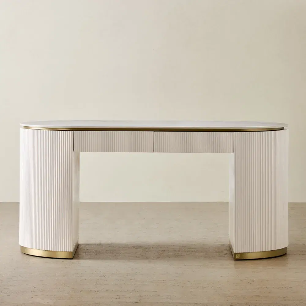 Archie White Wooden Study Desk with White Sintered Stone Top