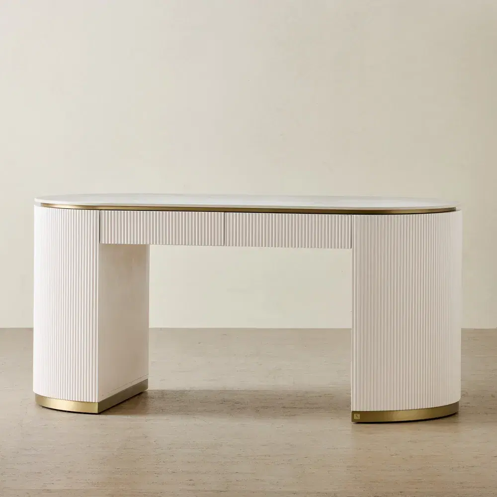 Archie White Wooden Study Desk with White Sintered Stone Top