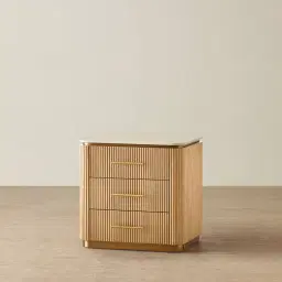 San Pierre Light Brown Ash Veneer Bedside Table with Travertine Finish Sintered Stone Top