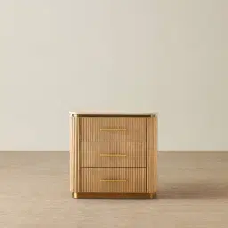 San Pierre Light Brown Ash Veneer Bedside Table with Travertine Finish Sintered Stone Top