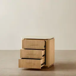 San Pierre Light Brown Ash Veneer Bedside Table with Travertine Finish Sintered Stone Top