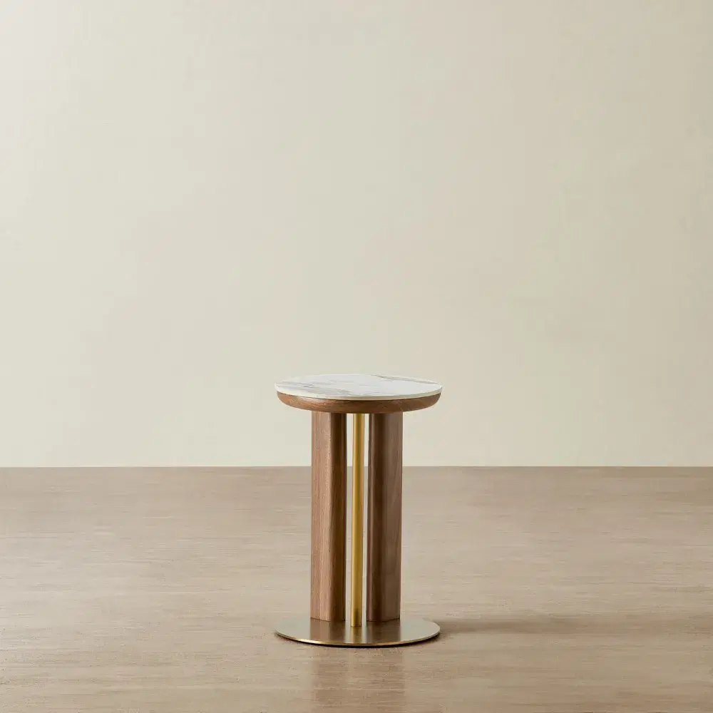 	 Sir Lionell Gliding White Sintered Stone Side Tray Table - Walnut Brown Wooden Leg