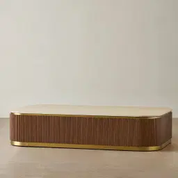 San Pierre Walnut Veneer Curved Rectangular Coffee Table with Travertine Finish Sintered Stone Top