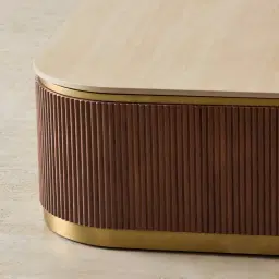 San Pierre Walnut Veneer Curved Rectangular Coffee Table with Travertine Finish Sintered Stone Top