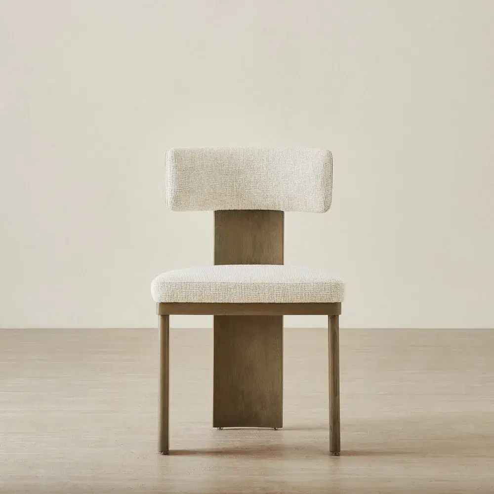 Isadora Isabelline White Fabric Dining Chair - Medium Brown Solid Wooden Legs