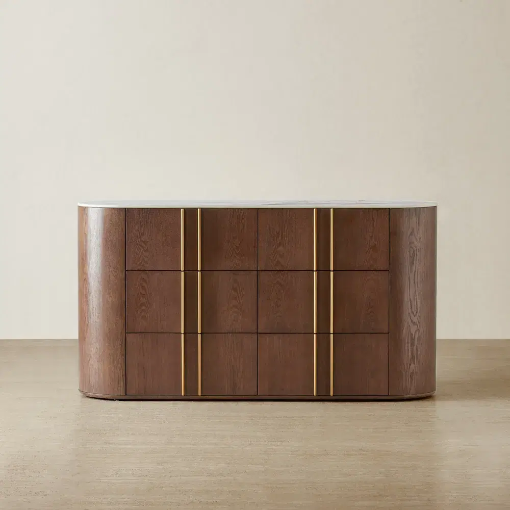 Sir Lionell Gliding White Sintered Stone Dresser - Walnut Brown Wooden Leg