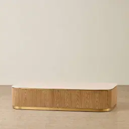 San Pierre Light Brown Ash Veneer Curved Rectangular Coffee Table with Travertine Finish Sintered Stone Top