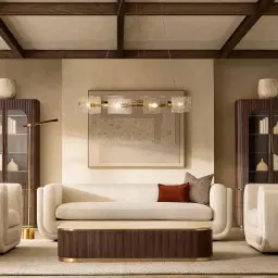 San Pierre Light Brown Ash Veneer Curved Rectangular Coffee Table with Travertine Finish Sintered Stone Top