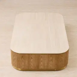 San Pierre Light Brown Ash Veneer Curved Rectangular Coffee Table with Travertine Finish Sintered Stone Top