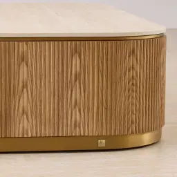 San Pierre Light Brown Ash Veneer Curved Rectangular Coffee Table with Travertine Finish Sintered Stone Top