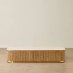 San Pierre Light Brown Ash Veneer Curved Rectangular Coffee Table with Travertine Finish Sintered Stone Top