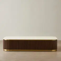 San Pierre Ebony Brown Ash Veneer Curved Rectangular Coffee Table with Cream Travertine Finish Sintered Stone Top