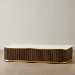 San Pierre Ebony Brown Ash Veneer Curved Rectangular Coffee Table with Cream Travertine Finish Sintered Stone Top