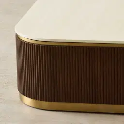 San Pierre Ebony Brown Ash Veneer Curved Rectangular Coffee Table with Cream Travertine Finish Sintered Stone Top