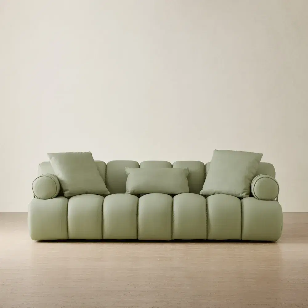Elva Green Pastel Leather 3-Seater Sofa