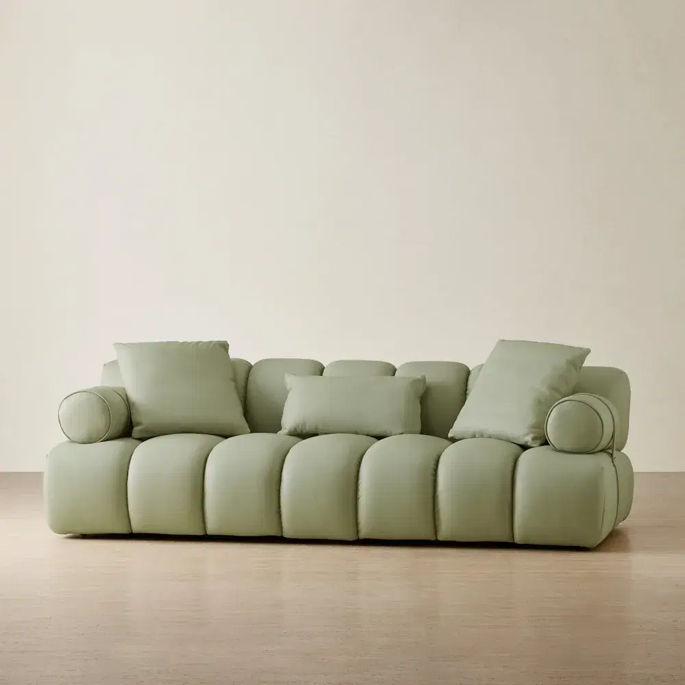 Elva Green Pastel Leather 3-Seater Sofa