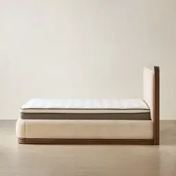 Ophelia Mid Beige Fabric King Bed with Smoky Walnut Bed Frame