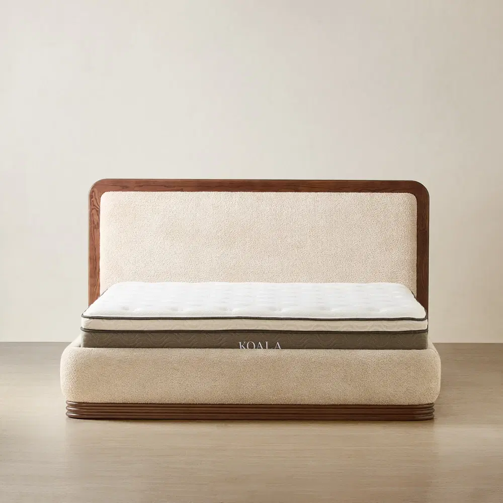 Ophelia Mid Beige Fabric King Bed with Smoky Walnut Bed Frame