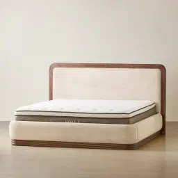 Ophelia Mid Beige Fabric Queen Bed with Smoky Walnut Bed Frame