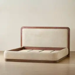 Ophelia Mid Beige Fabric Queen Bed with Smoky Walnut Bed Frame