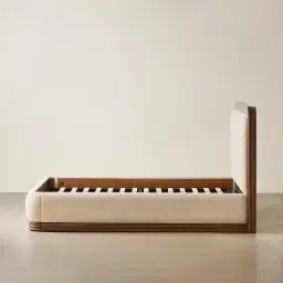 Ophelia Mid Beige Fabric Queen Bed with Smoky Walnut Bed Frame