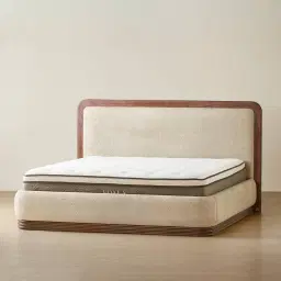 Ophelia Mid Beige Fabric Queen Bed with Smoky Walnut Bed Frame