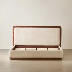 Ophelia Mid Beige Fabric Queen Bed with Smoky Walnut Bed Frame