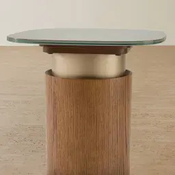 Felina Brown Oak Veneer Side Table with Champagne Gold Glass Top