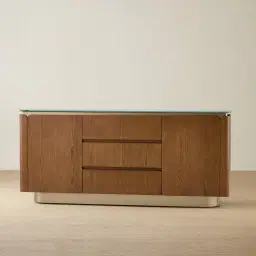 Felina Brown Oak Veneer Sideboard with Champagne Gold Glass Top