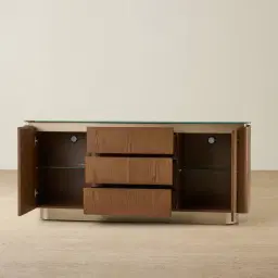 Felina Brown Oak Veneer Sideboard with Champagne Gold Glass Top