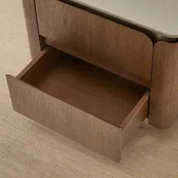 Felina Brown Oak Veneer Bedside Table with Champagne Gold Glass Top