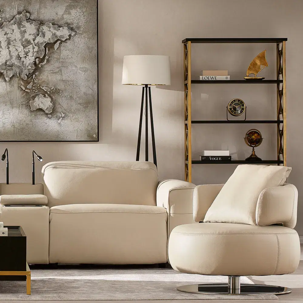 Amelie Almond Cream Leather 2 Pieces Modular Dual Electric Recliner With Rectangle Console