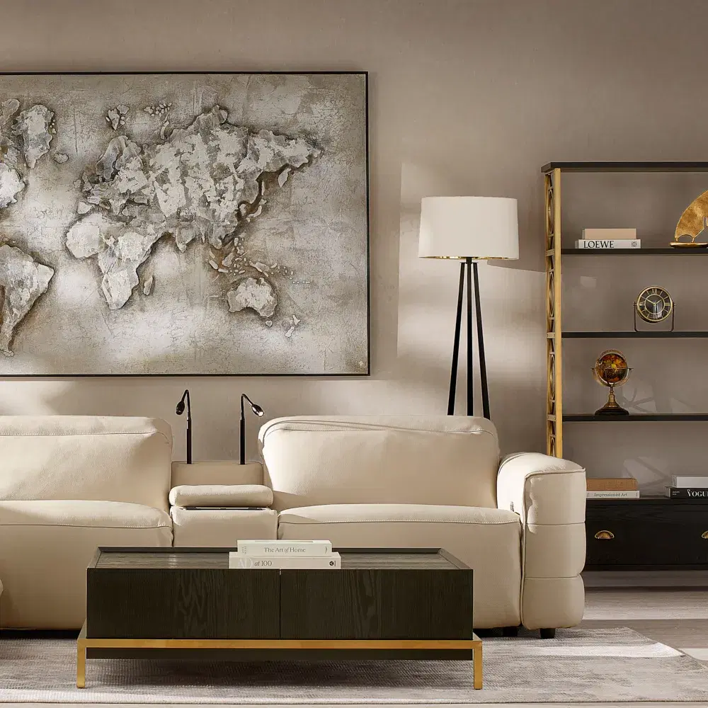 Amelie Almond Cream Leather Modular Dual Electric Recliner - Corner With Dual Rectangle Consoles