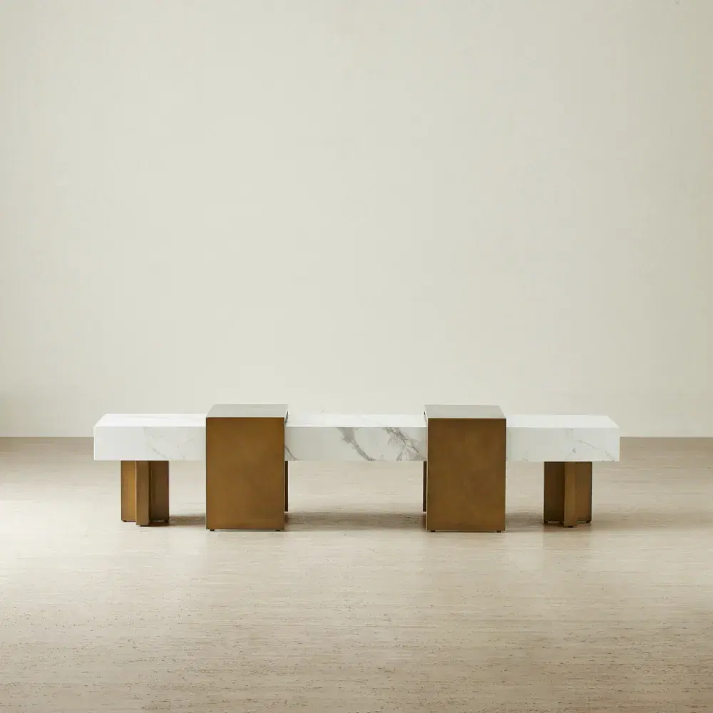 Grayson Statuario White Sintered Stone Entertainment Unit - Brushed Bronze Legs