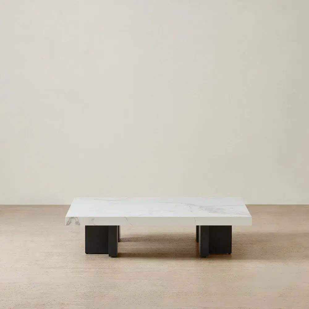 Grayson Statuario White Sintered Stone 26cm Low Coffee Table - Matte Black Legs