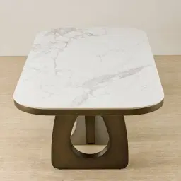 Aspen Statuario White Sintered Stone Curved Dining Table - Brushed Bronze Legs 200x118cm