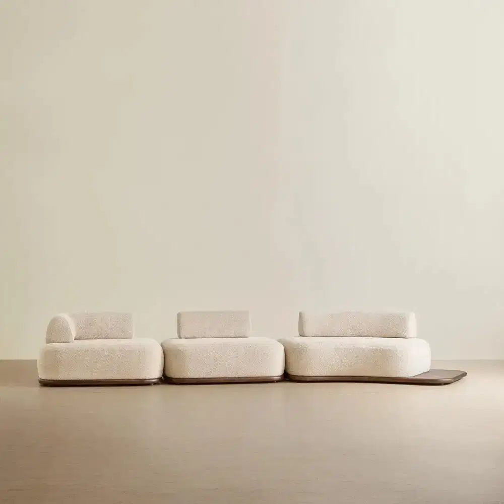 Bellagio Mid Beige Woven Fabric 3 Pieces Modular Sofa With Right Terminal and Side Platform