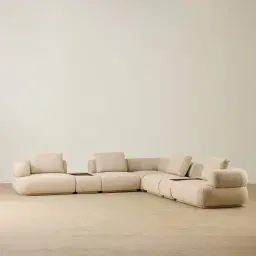 Elio Pearl Beige Fabric 7 Pieces Modular Corner Sofa with Ottoman Tables and Left and Right Arm